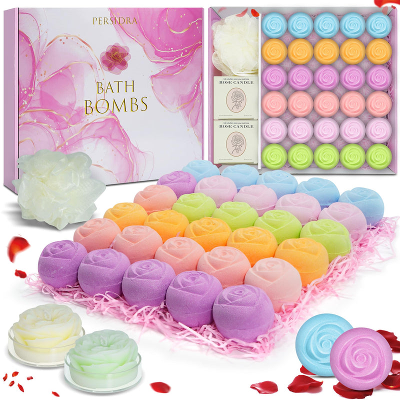 Bath Bombs for Women - 30 Pcs Handmade Natural Essential Oils Rose Bath Bombs with Scented Candles, Home Spa Fizzies Bubble Bath, Birthday Gifts