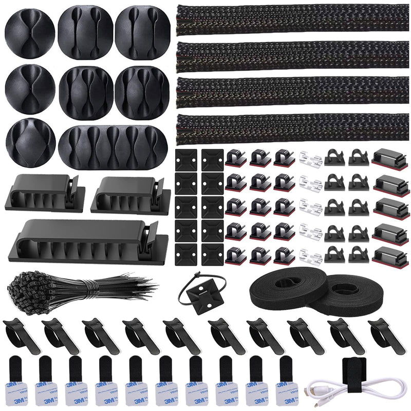 N NOROCME 192 PCS Cable Management Kit 4 Wire Organizer Sleeve,11 Cable Holder,35Cord Clips 10+2 Roll Cable Organizer Straps and 100 Fastening