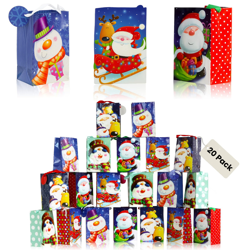 Iconikal 20-Pack Christmas Gift Bags Small 4x6x2.5 Snowman Santa Reindeer