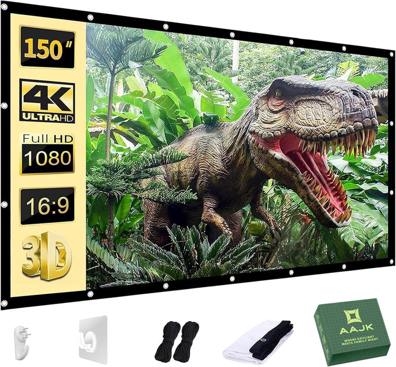 AAJK Outdoor Projector Screen 150 inch, Washable Projector Screen 16:9 Foldable Anti-Crease Portable Projector Movies Screen for Home Theater