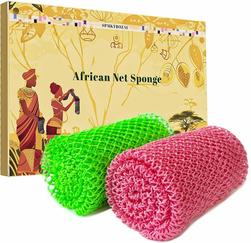 SPMKTBOZAI African Net Sponge Authentic, 2 Pieces African Exfoliating Sponge Real African Net Black Owned, African Bath Sponge Back Scrubber, Body