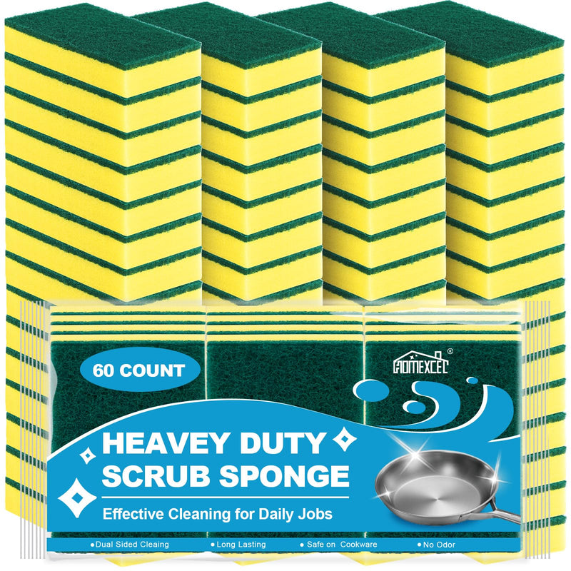 HOMEXCEL Heavy Duty Scrub Sponges Kitchen 60 Count, Extra-Large Sponges for Cleaning Kitchen and Household, Dish Scrubber for Washing Dishes, Pots