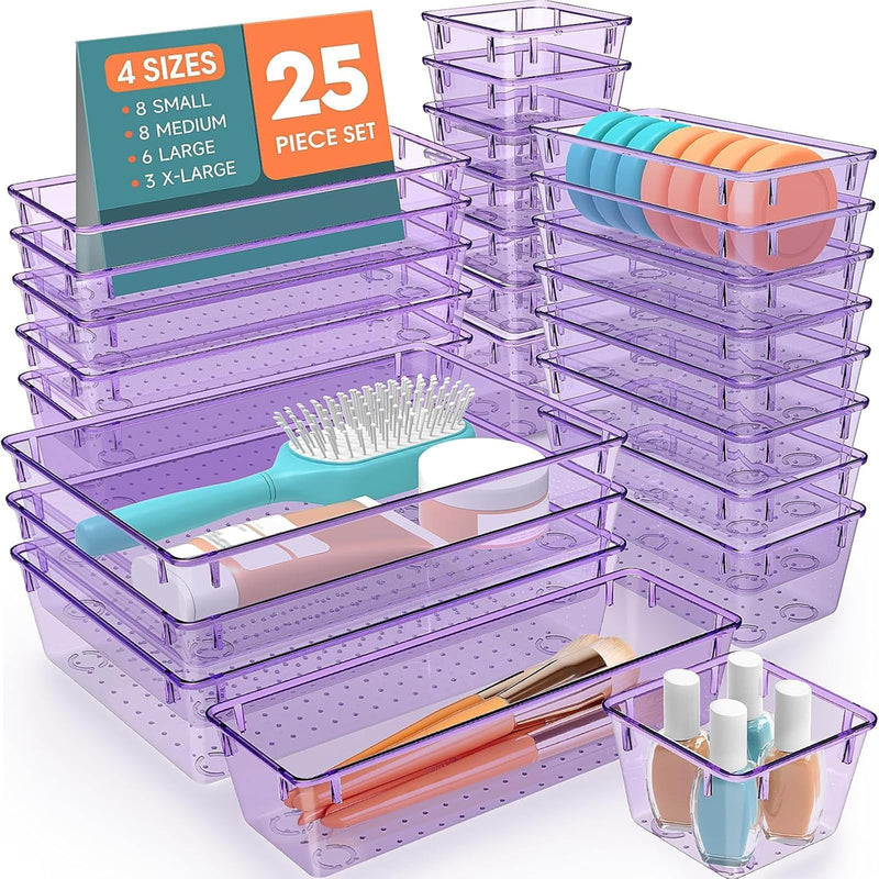 SpaceHacks 25 PCS Plastic Drawer Organizer Set, 4-Size Versatile Organizer Trays & storage Bins for Makeup, Jewelry, and Gadgets in Bathroom,