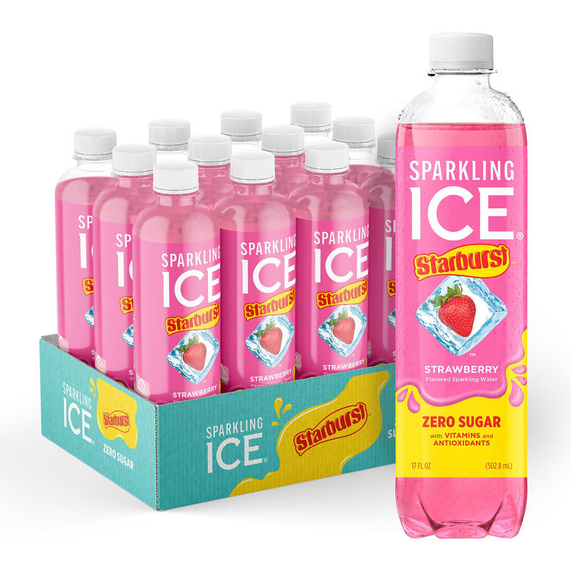 Sparkling Ice STARBURST Strawberry, Zero Sugar Flavored Sparkling Water, with Vitamins and Antioxidants, Low Calorie Beverage, 17 fl oz Bottles