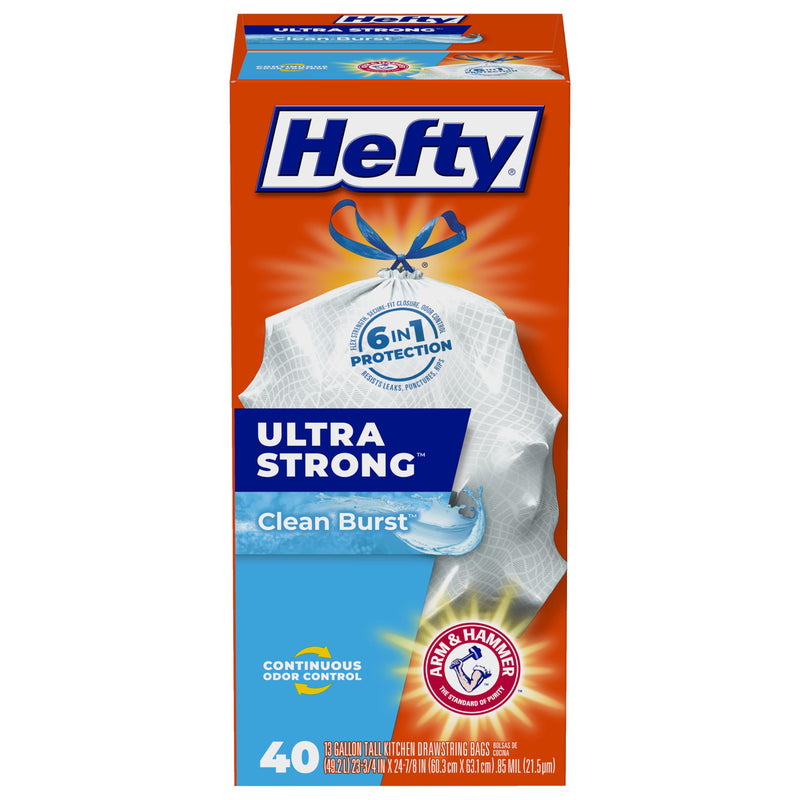 Hefty Ultra Strong 13 Gallon Trash Bags, Tall Kitchen Trash Bags 13 Gallon Size, Drawstring Closure, Continuous Odor Control, White, Clean Burst