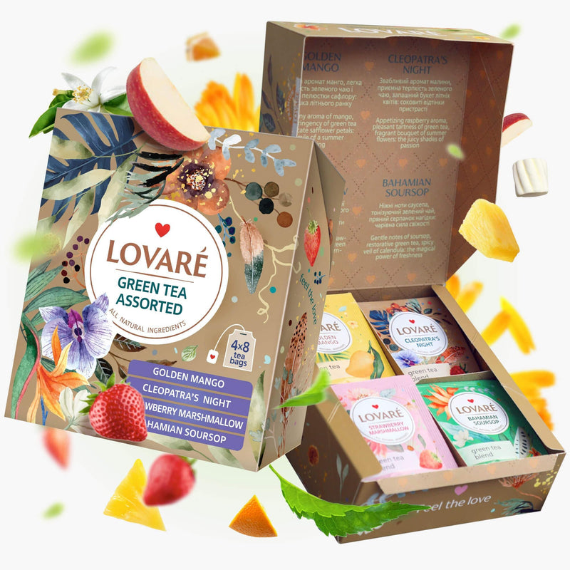 LOVARE Green Assorted Tea Variety Pack 32 Pack - Made in Ukraine - Tea Bags Individually Wrapped 4 Tastes - Golden Mango, CleopatraâÂÂS Night,