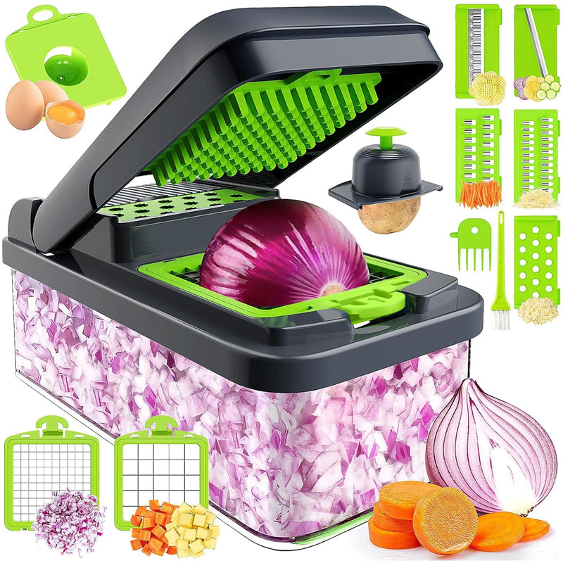MealHelper 12-in-1 Vegetable Chopper, 7 Blade Veggie Chopper, Practical Food Chopper with Container, Cheese Grater, Home Essentials & Kitchen