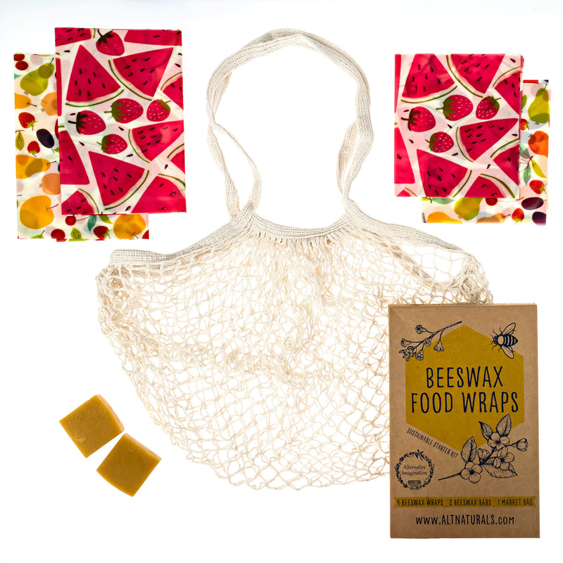7 Pc Beeswax Wraps for Food Snacks, Sandwich, Bread - Reusable Eco Friendly Kitchen Storage and Zero Waste - 4 Wraps, 2 Beeswax Bars and Cotton