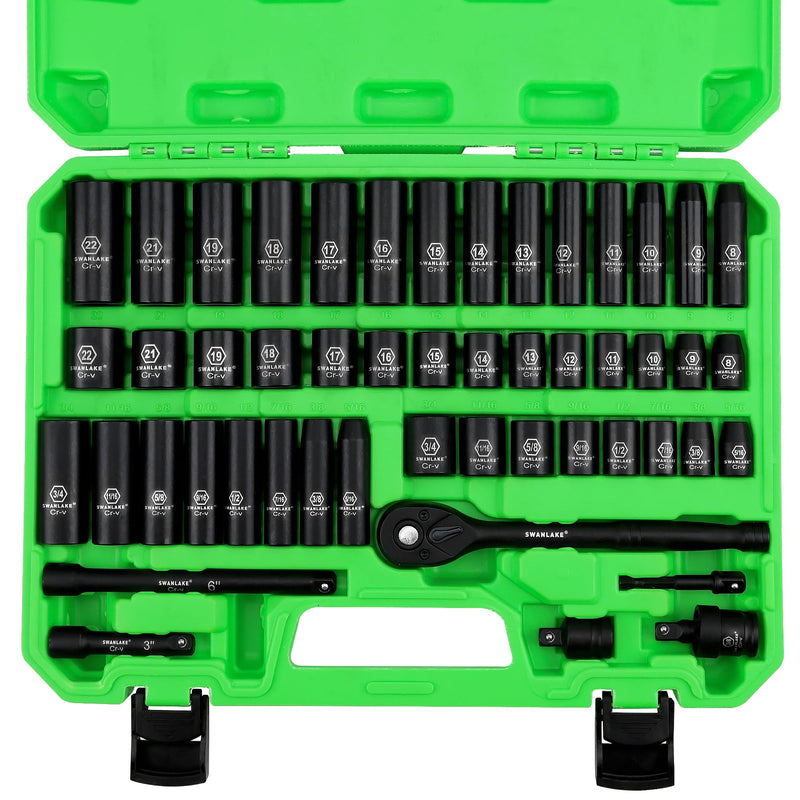 SWANLAKE 3/8" Drive Impact Socket Set, 50-Piece Standard SAE (5/16 to 3/4 Inch) and Metric (8-22Mm) Size, 6 Point, Cr-V, 3/8-Inch Ratchet Handle,