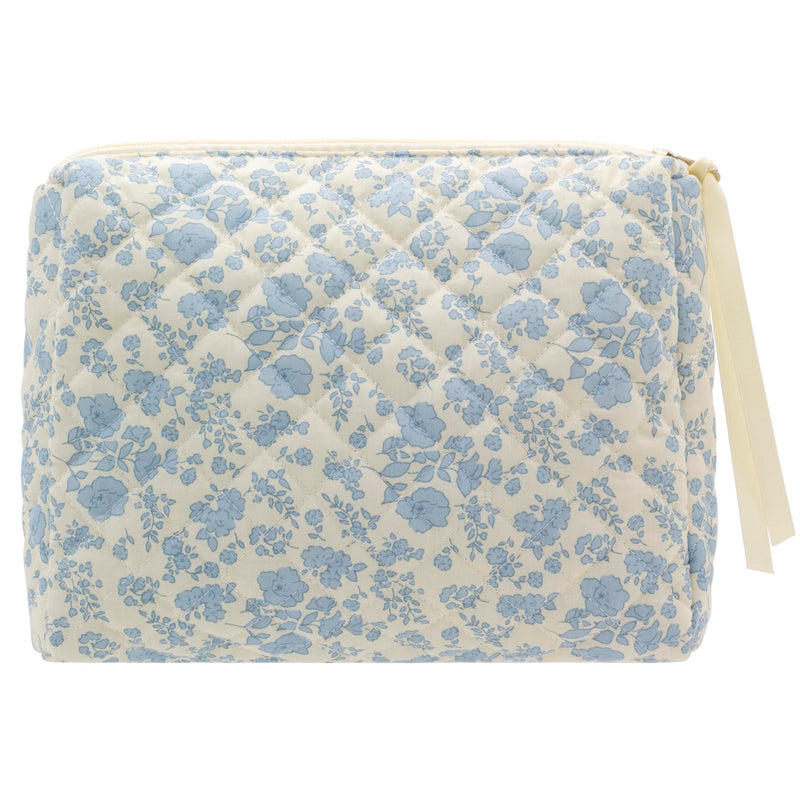 PAZIMIIK Cotton Makeup Bag for Women Large Quilted Travel Cosmetic Pouch Girls' Make up Organizer,Little Flower Blue
