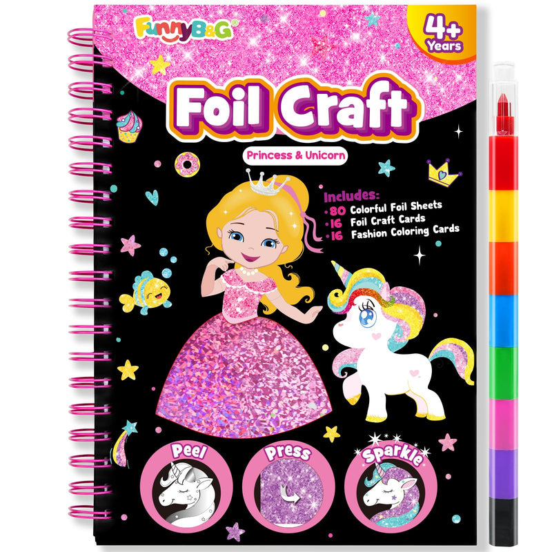 FUNNYB&G Foil Art Craft Kit for Girls 4-10 Years Old: Mess-Free & No-Glue, Create 16 Sparkly Princess Unicorn Pictures – Perfect Travel Toy &