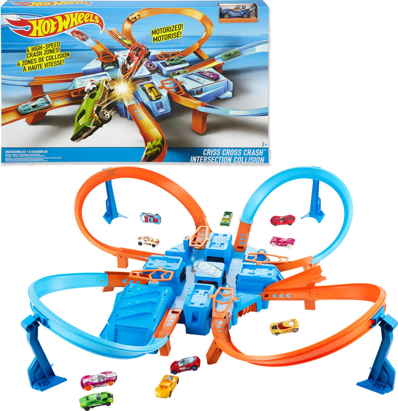 Hot Wheels Track Set with 1:64 Scale Toy Car, 4 Intersections for Crashing, Powered by a Motorized Booster, Criss-Cross Crash Track (Amazon