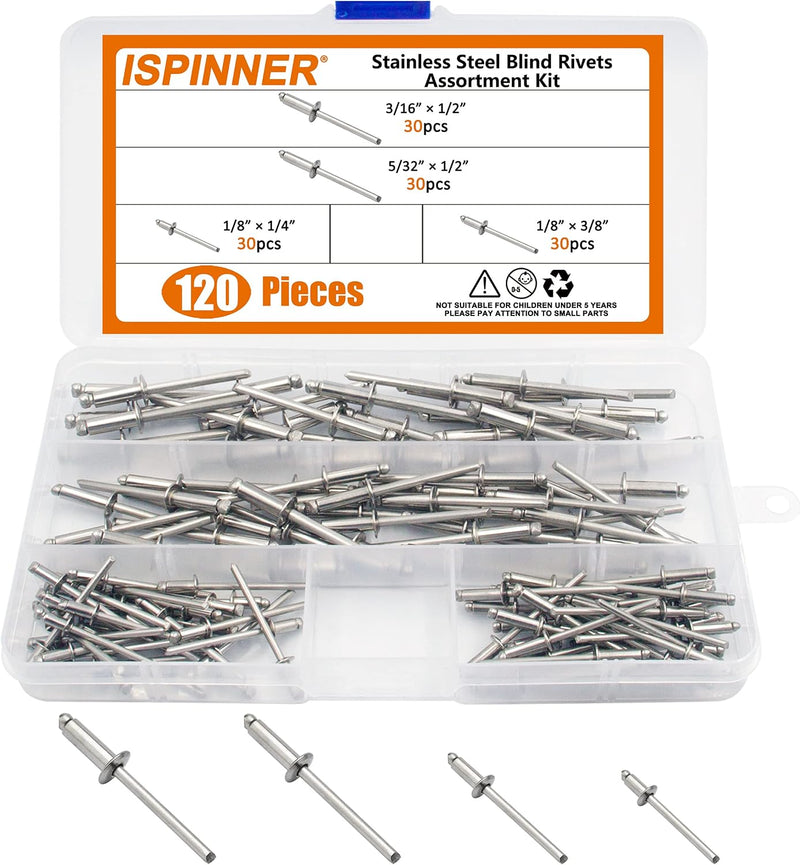 ISPINNER 120pcs 304 Stainless Steel Blind Rivets, Pop Rivets Assortment Kit