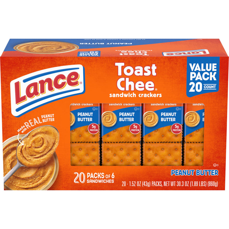 Lance Sandwich Crackers, ToastChee Peanut Butter, 20 Individually Wrapped Packs, 6 Sandwiches Each Toastchee Peanut Butter 1.52 Ounce (Pack of 20)
