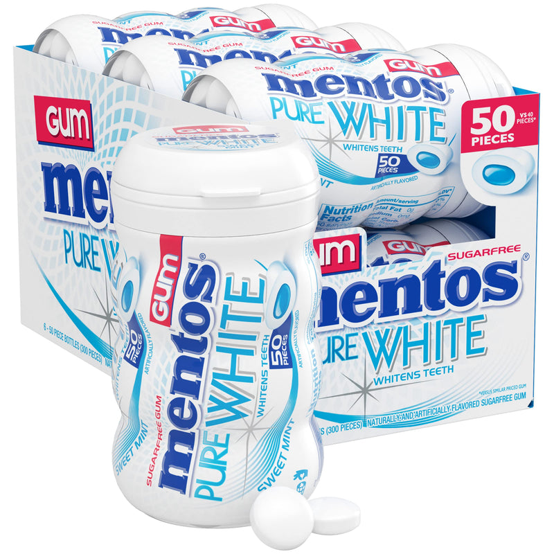 Mentos Pure White Sugar-Free Chewing Gum With Xylitol, Sweet Mint, Holiday Candy, Bulk, 50Piece Bottle (Pack Of 6) | Chewing Gum with Xylitol,