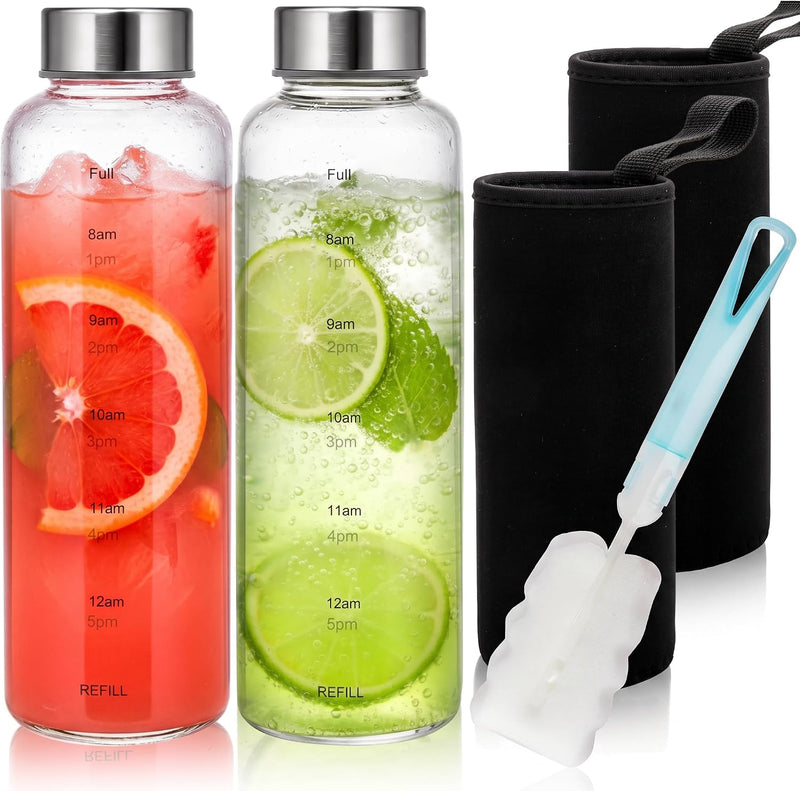 Pumtus 2 Pack Glass Water Bottles With Time Marker, 18 OZ Motivational Water Bottle with Non-slip Sleeve, Beverage Bottles with Hydrating