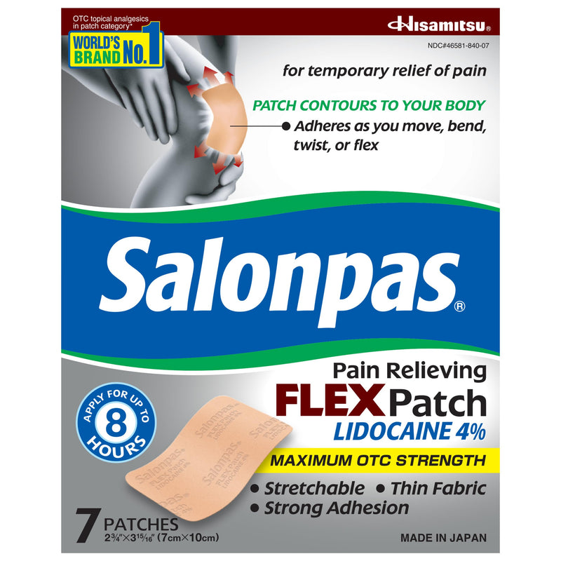 Salonpas Maximum OTC Strength Lidocaine 4% Pain Relieving Flex Patch, Apply for up to 8 Hours, Unscented, Thin, Flexible, Lightweight, Patch Stays