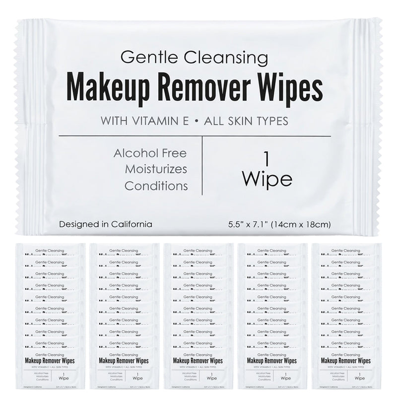 World Amenities - Makeup Remover Wipes - Alcohol Free - Vitamin E Face Wipes for Sensitive Skin Comfort - Individually Wrapped - Travel Friendly