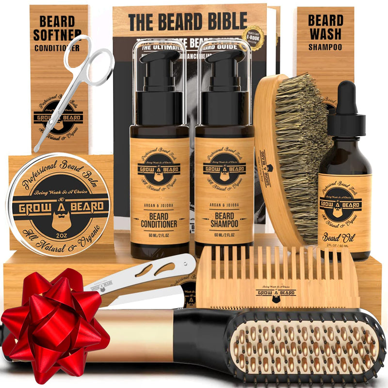 Beard Straightener Grooming Kit for Men, Beard Growth Kit, Wash, Brush & Comb, Unscented Growth Oil, All Natural Sandalwood Balm, Conditioner,