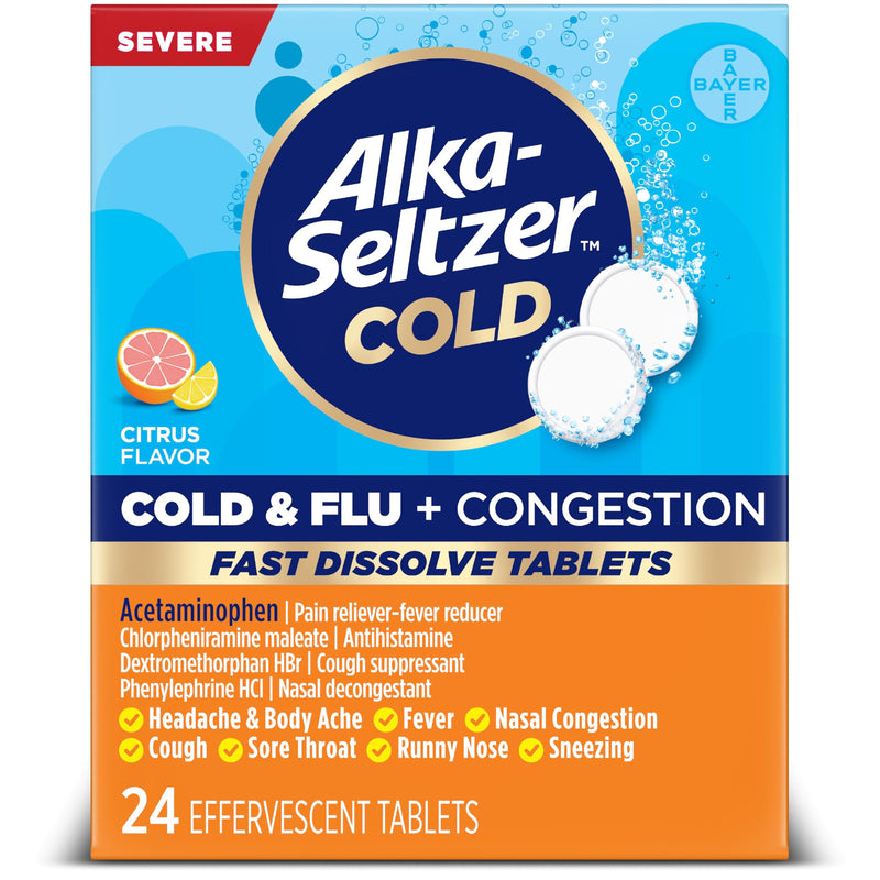 Alka-Seltzer Cold, Cold & Flu + Congestion Severe Fast Dissolve Tablets, Flu Medicine, Multi-Symptom Relief, Body Aches and Pains, Fever Reducer,