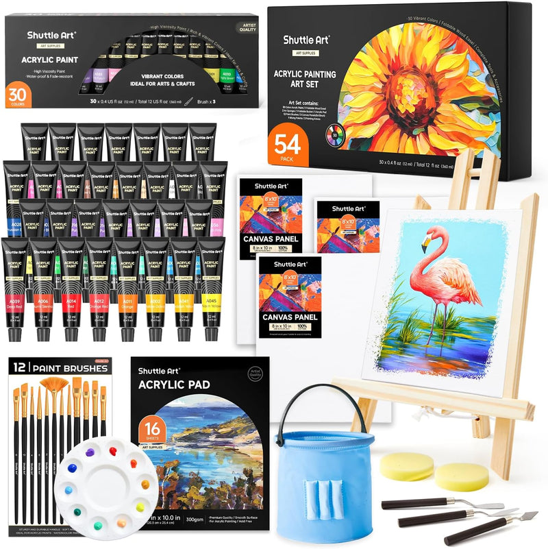 Shuttle Art 54 Pack Acrylic Paint Set, Acrylic Painting Set with 30 Colors Acrylic Paint, Wooden Easel, Painting Canvas, Paint Brushes, Palette,