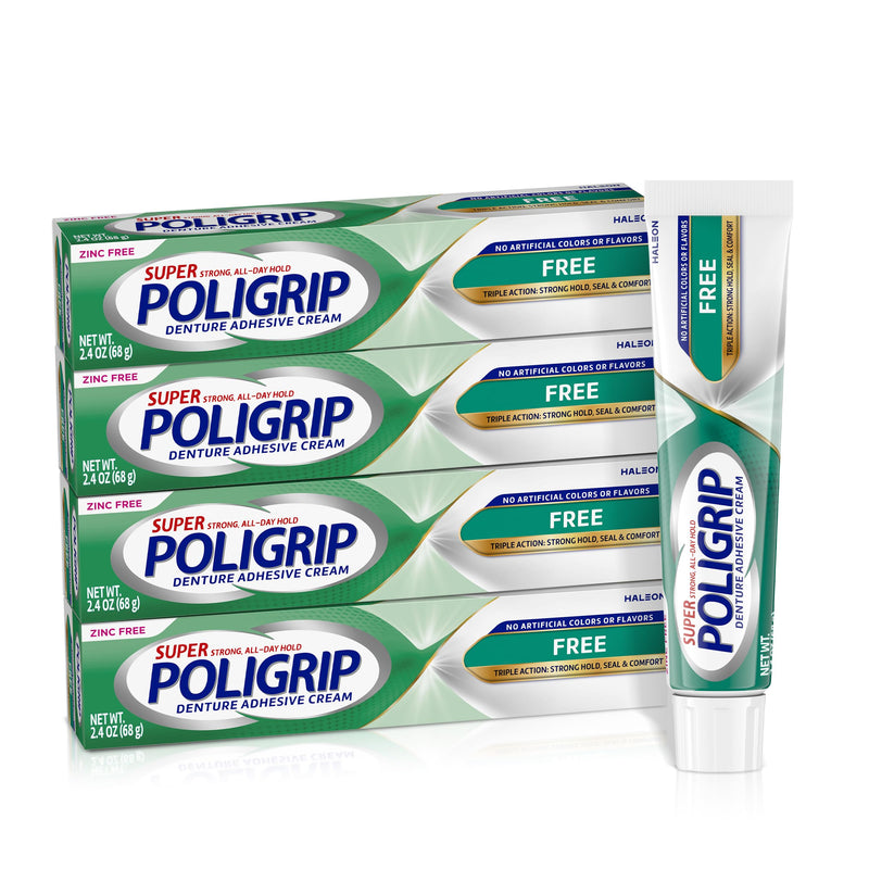 Poligrip Free Denture Adhesive Cream, Strong All-Day Hold, 2.4 oz (4 Pack) 2.4 Ounce (Pack of 4)