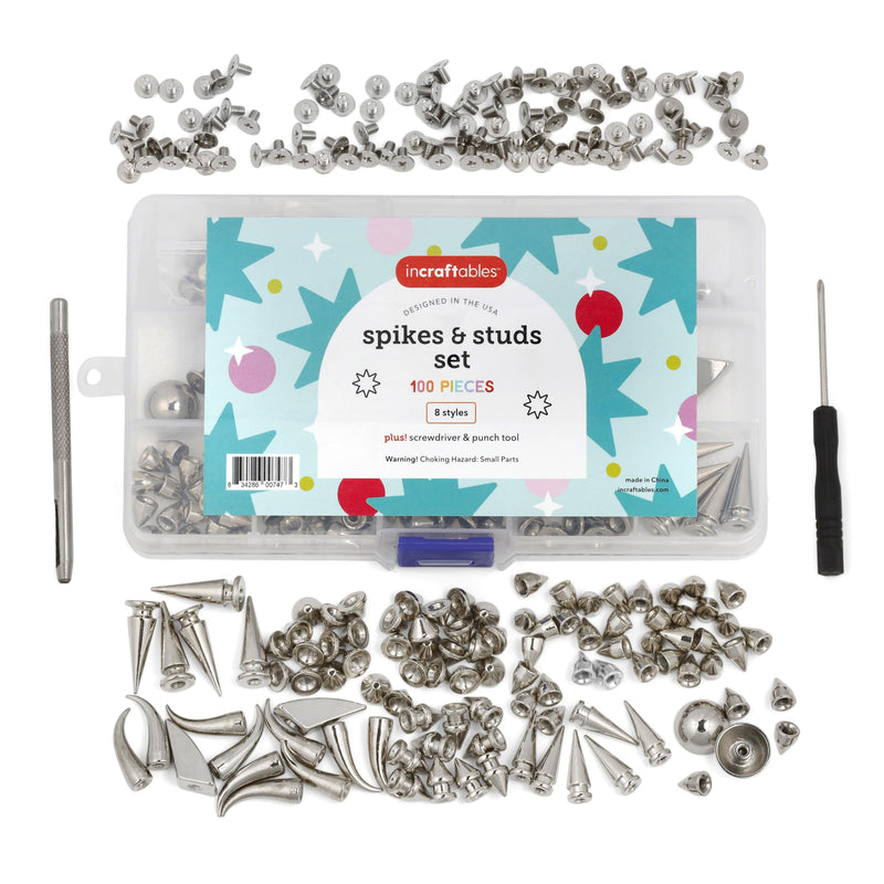 Incraftables Assorted Studs and Spikes Set (100pcs). Silver Spikes for Clothing (Small, Medium & Large) Kit. Metal Studs for Clothing for Crafts,
