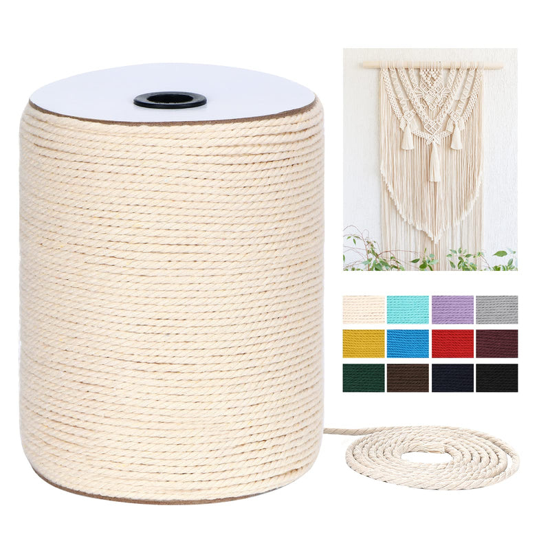 Macrame Cord 3mm x 328Yards(984Feet), Natural Cotton Macrame Rope - 3 Strands Twisted Macrame Cotton Cord for Wall Hanging, Plant Hangers, Crafts,