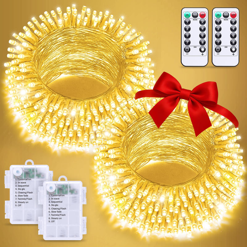 JMEXSUSS 2 Pack Battery Operated String Lights with Remote, Total 66ft 200 LED Warm White Christmas Lights Indoor Outdoor, Twinkle Fairy Lights