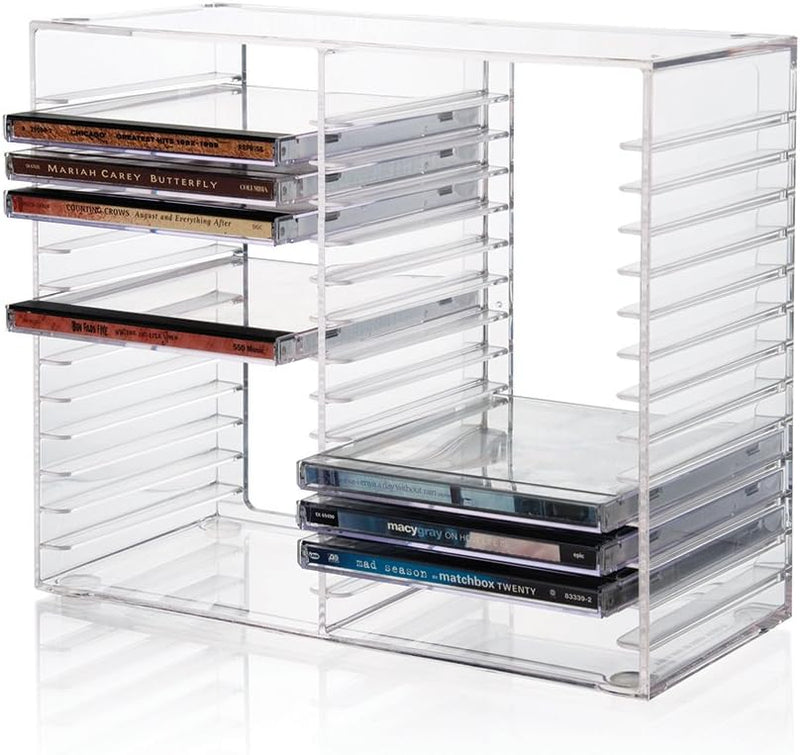 Stori Stackable Clear Plastic CD Organizer with Rubber Feet | Rectangular Jewel Cases Holder Perfect for Theatre Room | Holds up to 30 CD Cases |