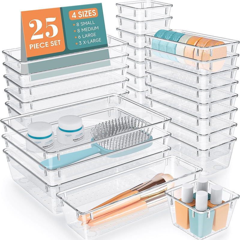 WOWBOX 25 PCS Clear Plastic Drawer Organizer Set, 4 Sizes Desk Drawer Divider Organizers and Storage Bins for Makeup, Jewelry, Gadgets for