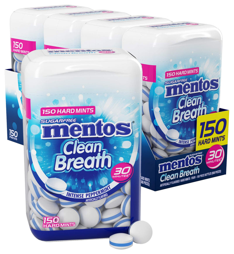 Mentos Clean Breath Hard Mints, Peppermint, 150 Piece Bottle (4 Pack) | Sugar Free, Green Tea Extract, Perfect for Long Lasting Fresh Breath at