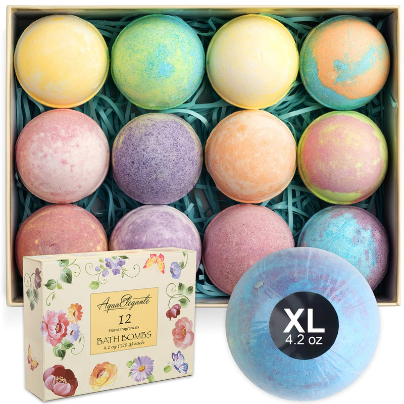Aqua Elegante Flower Bath Bombs Gift Set - 12 Large Bathbombs for Women with Scented Essential Oils and Moisturizing Shea Butter, No Stain,