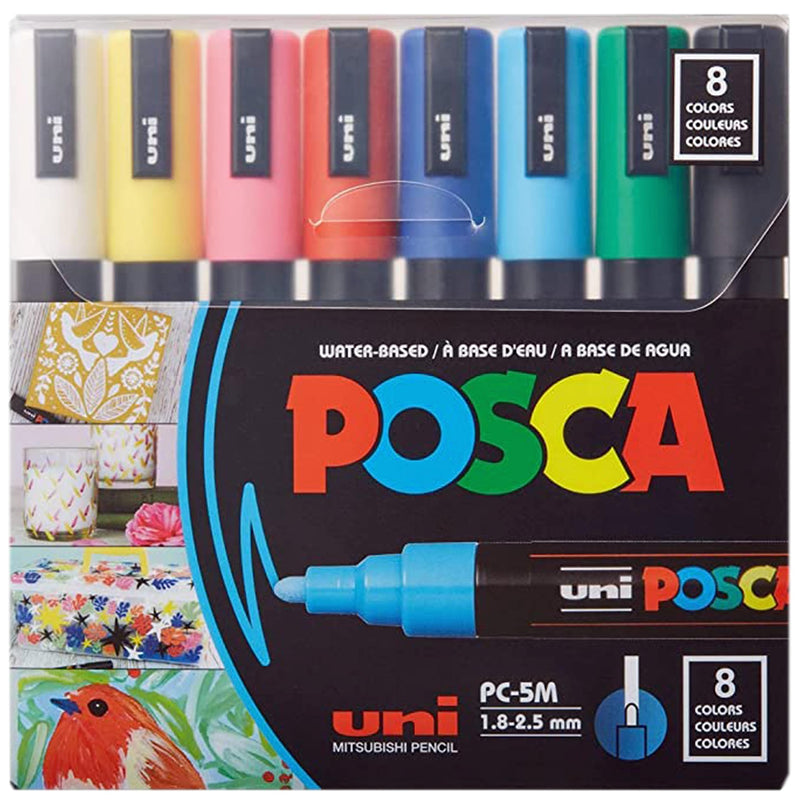 Posca Paint Markers, 5M Medium Acrylic Markers with Reversible Tips, Artist Recommended For Gifts, Fabric, Metal, Glass, Wood and Canvas, Assorted