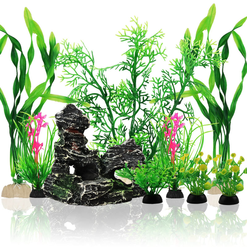 Fish Tank Accessories Aquarium Decorations Plants, 9Pcs Green Fish Tank Decorations Plants and Cave Rock Decoration Decor Set, Aquarium Decor