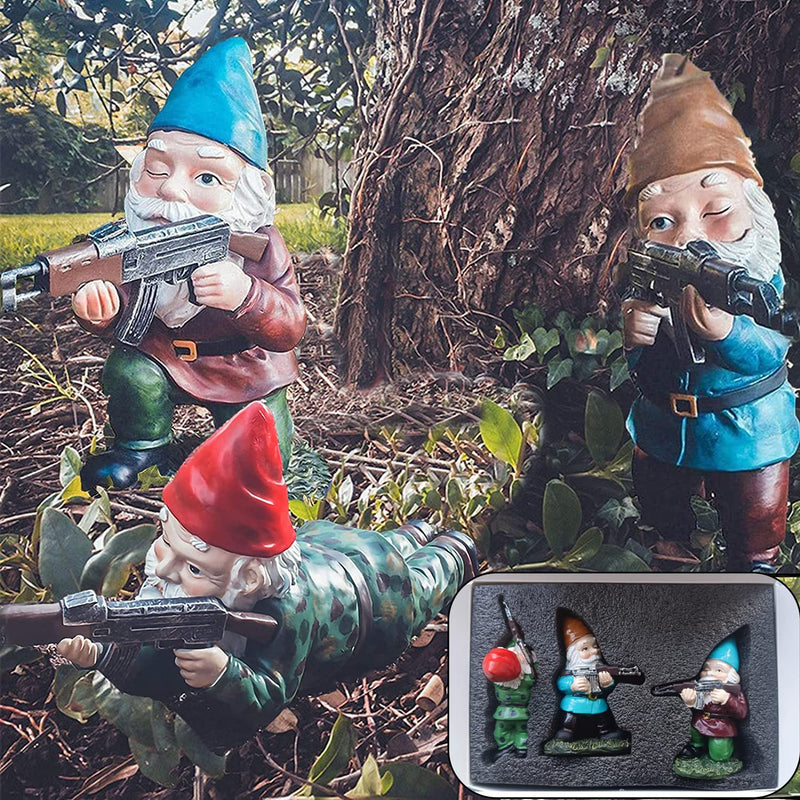 Garden Gnomes, 4.5inch Gnome Statues, Military Gnome with Gun, Funny Army Gnomes Decorations for Yard, Indoor Outdoor Halloween Christmas