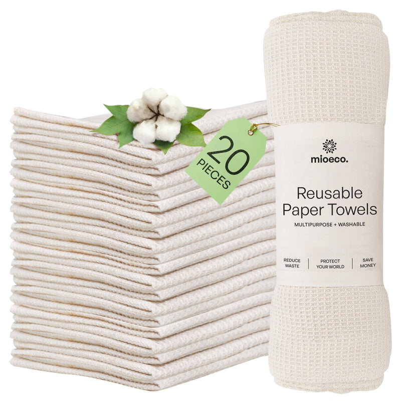 mioeco 20 Pack Reusable Kitchen Paper Towels, Organic Dish Cloths | Highly absorbent, Machine washable, Soft Organic Cotton, Paperless