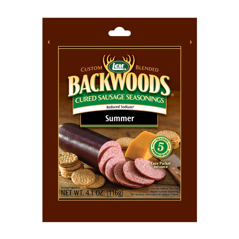 LEM Products Backwoods Reduced Sodium Summer Sausage Cured Sausage Seasoning, Ideal for Wild Game, Seasons Up to 5 Pounds of Meat, 4.1 Ounce