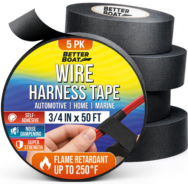 Better Boat Wire Harness Tape 5-Pack (250ft) - Cloth Electrical Tape Automotive & Marine Grade, Noise Dampening Wire Loom, Heat Resistant to 250F,