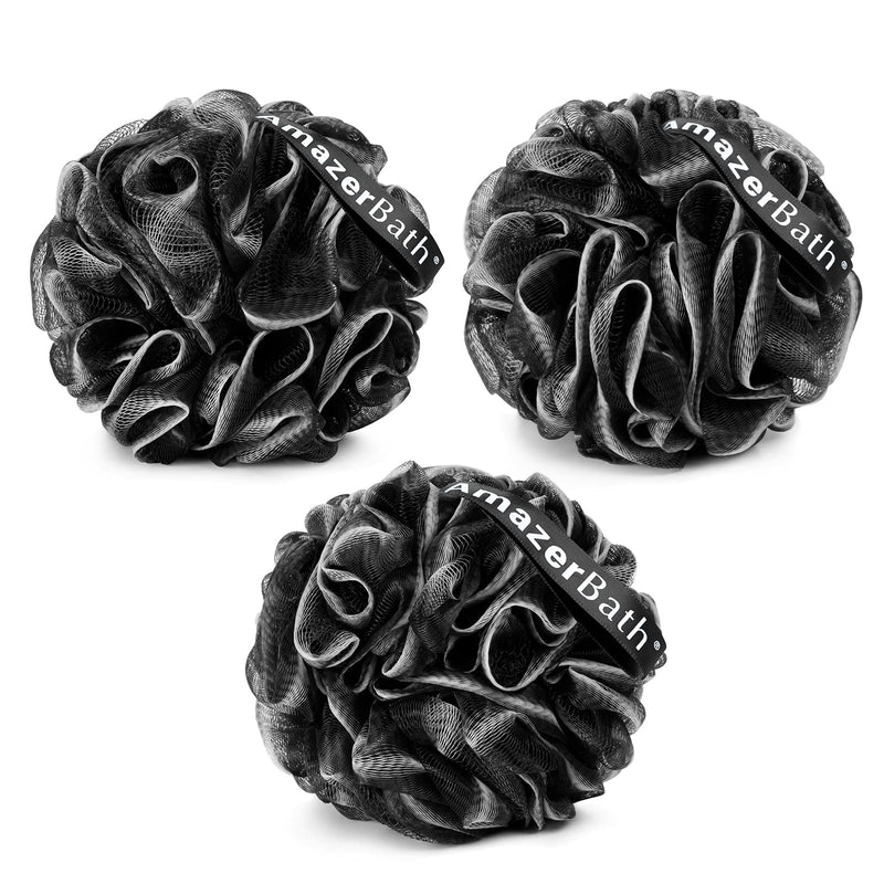 Amazerbath Loofah Sponge, Shower Loofah for Men and Women - Body Scrubber Loofa Set of 3 Classic Black & White Edge, Bath Sponge 60G/Pcs