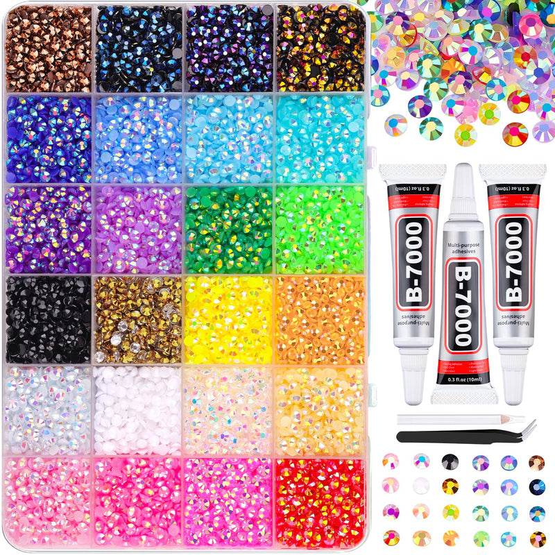 34000Pcs Resin Jelly Rhinestones for Bedazzling, Multicolor 3mm Flatback Gems for Diamond Art, Bedazzler Kit with 3Pcs 10ml B7000 Jewelry Glue for