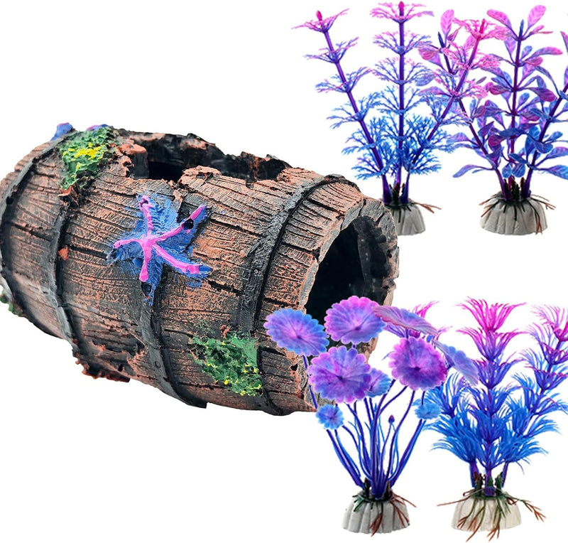 Fish Tank Decorations Betta Fish Tank Accessories for Small Aquarium Tank Decor, Starfish Barrel x 1pc, Aquatic Plants x 4pcs
