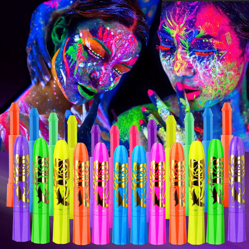 12 PCS Glow Face Body Paint, Glow In The Dark Under UV Black Light Sticks Makeup Neon Face Painting Kits for Adult Halloween Festival Accessory