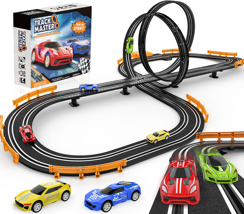 Slot-Car-Race-Track-Sets for Boys Kids, Battery or Electric Race Car Track with 4 High-Speed Slot Cars, Dual Racing Game 2 Hand Controllers