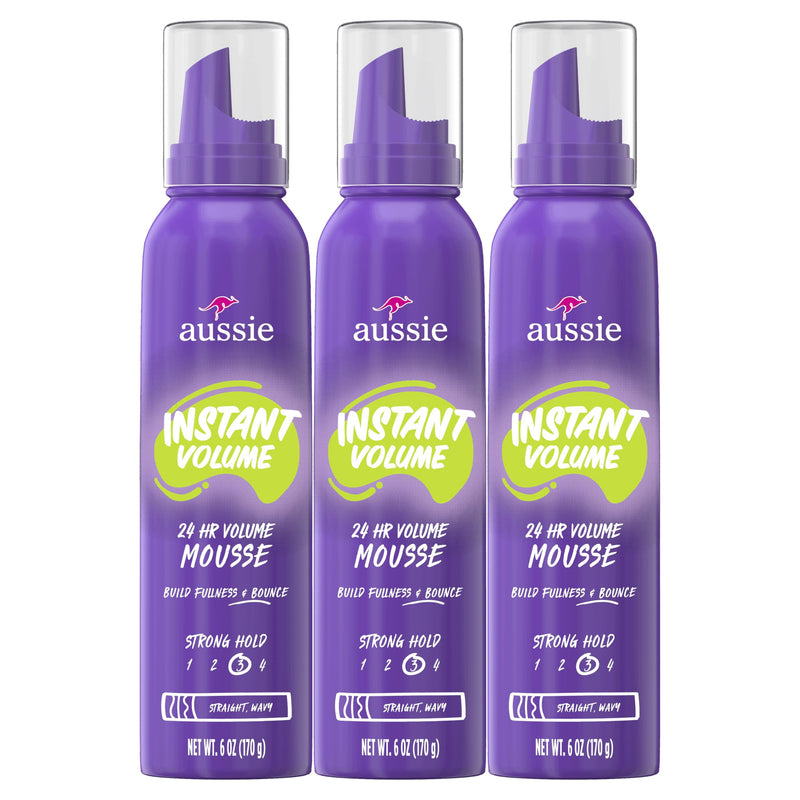 Aussie Instant Volume Mousse Triple Pack, 24-hour Volume Mousse, 6 oz Tropical fruit 6 Fl Oz (Pack of 3)