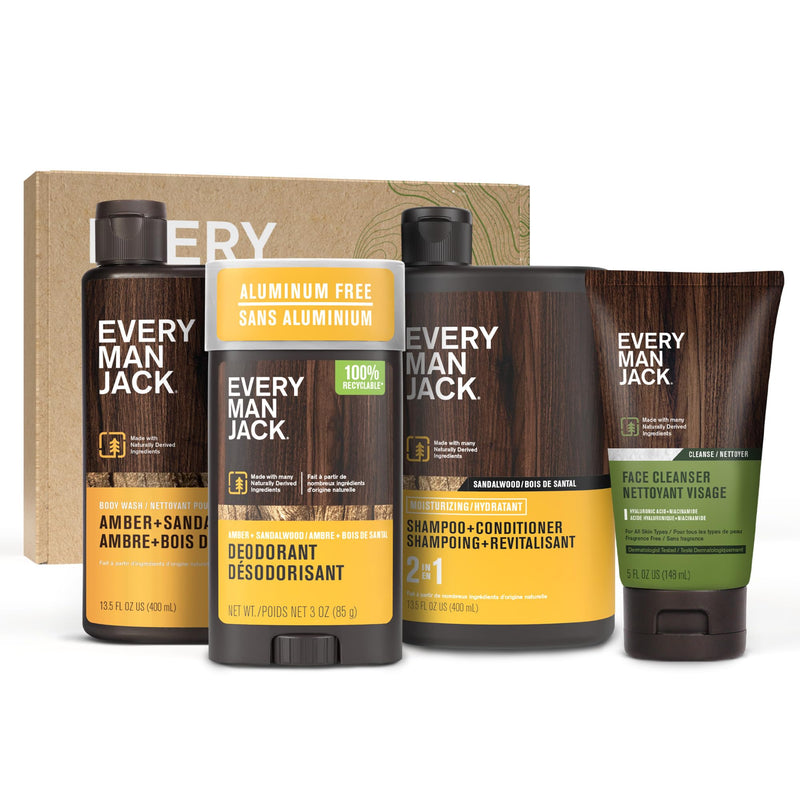 Every Man Jack Bath and Body Shower Gift Set for Men, Amber Sandalwood | Hydrating Body Wash, 2-in-1 Shampoo Conditioner, Aluminum-Free Deodorant,