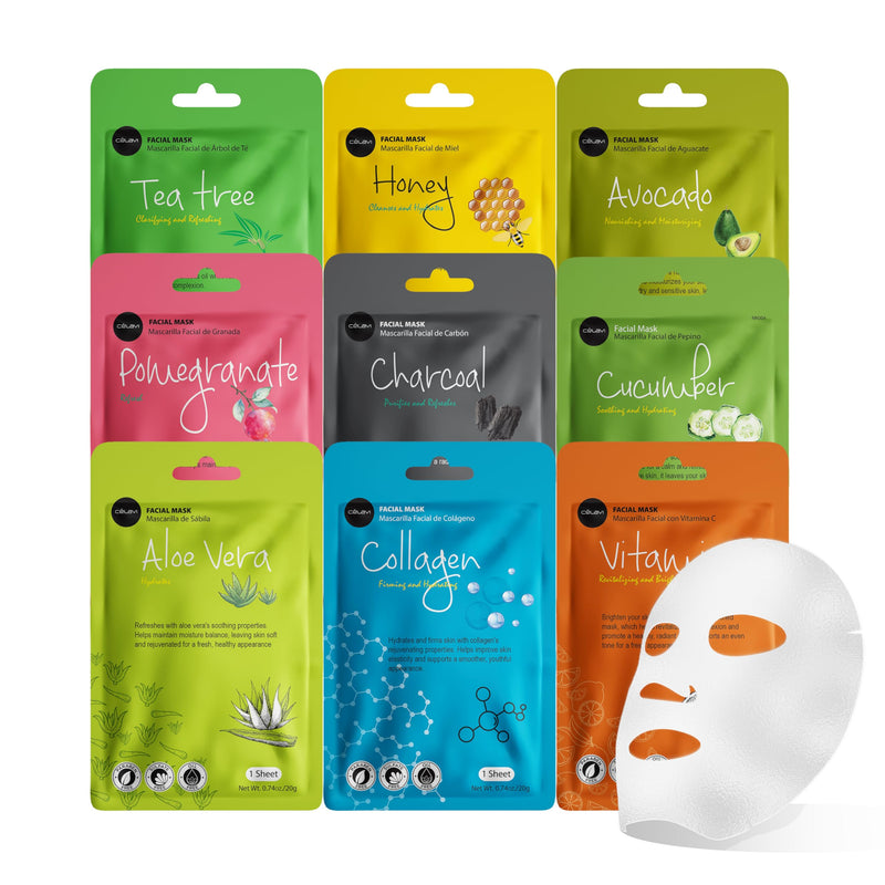 Celavi Essence Facial Face Mask Paper Sheet Korea Skin Care Moisturizing 9 Pack (Mix of 9) 1 Count (Pack of 9) Mix of 9
