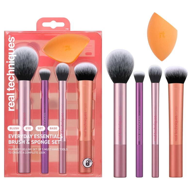 Real Techniques 5 Piece Everyday Essentials Makeup Brush Set, Includes 4 Brushes & Makeup Sponge, for Foundation, Blush, Bronzer, Contour,