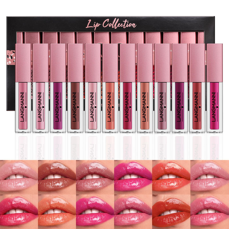 LANGMANNI 12Pcs Lip Gloss Collection Set, Glossy-A Lip Makeup Color-A