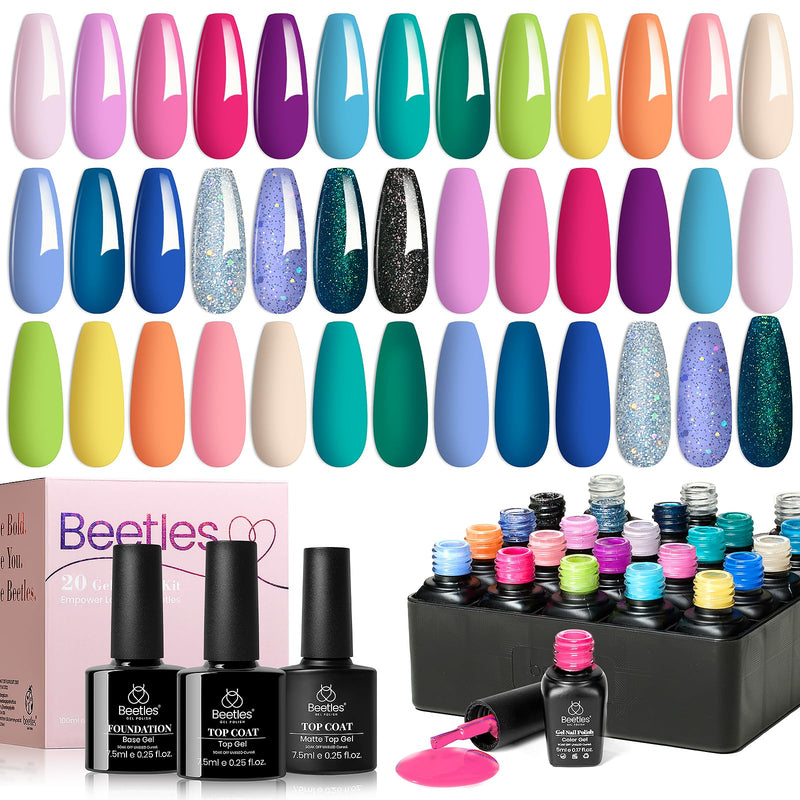 Beetles Gel Nail Polish Set- 23Pcs Summer Color Gel Polish with Base Gel Top Coat Bright Colors, Gel Polish Kit Blue Pink Purple Orange Green